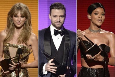 Từ trái qua, Taylor Swift, Justin Timberlake và Rihanna